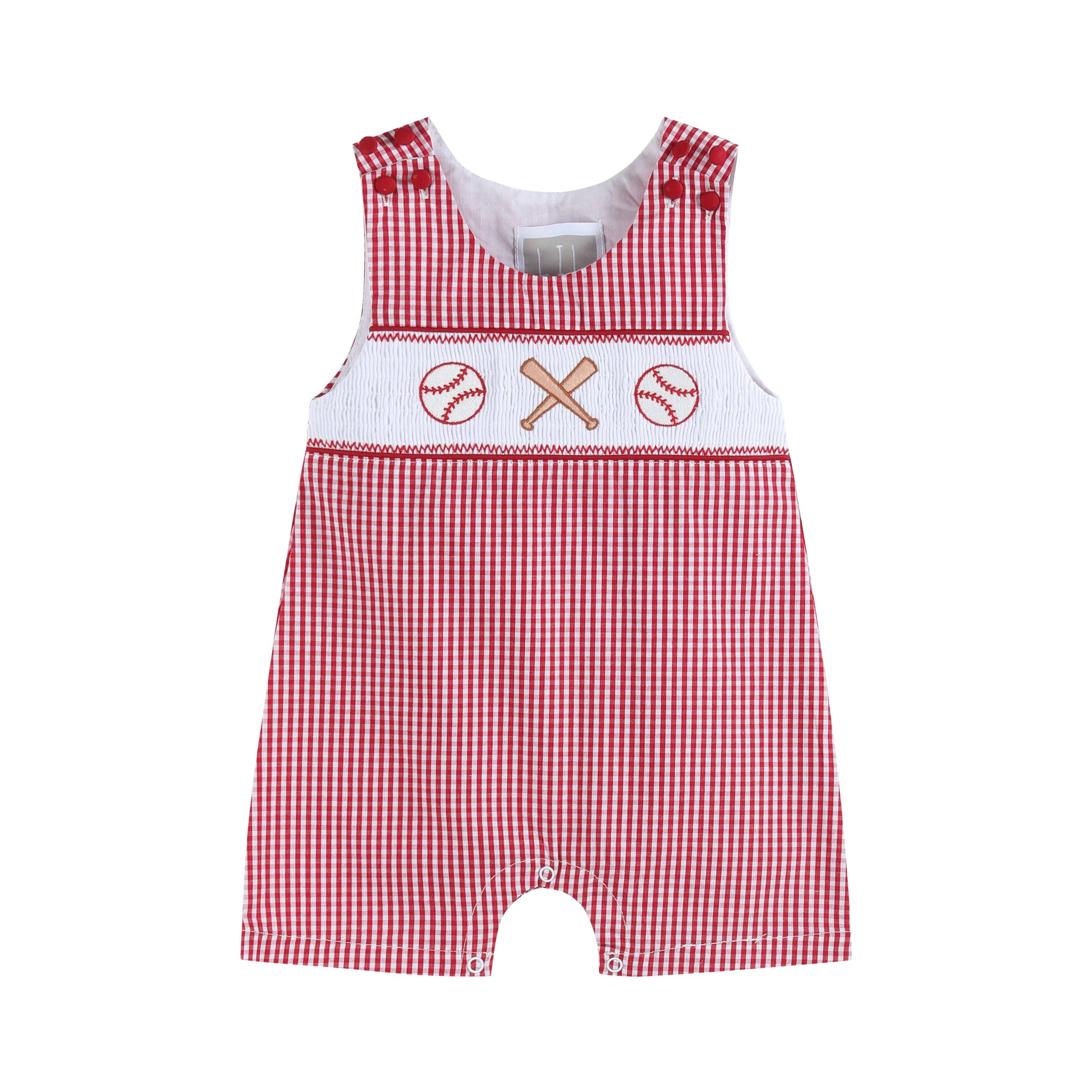 Red Gingham Baseball Smocked Shortalls - LuLLabY LaNe