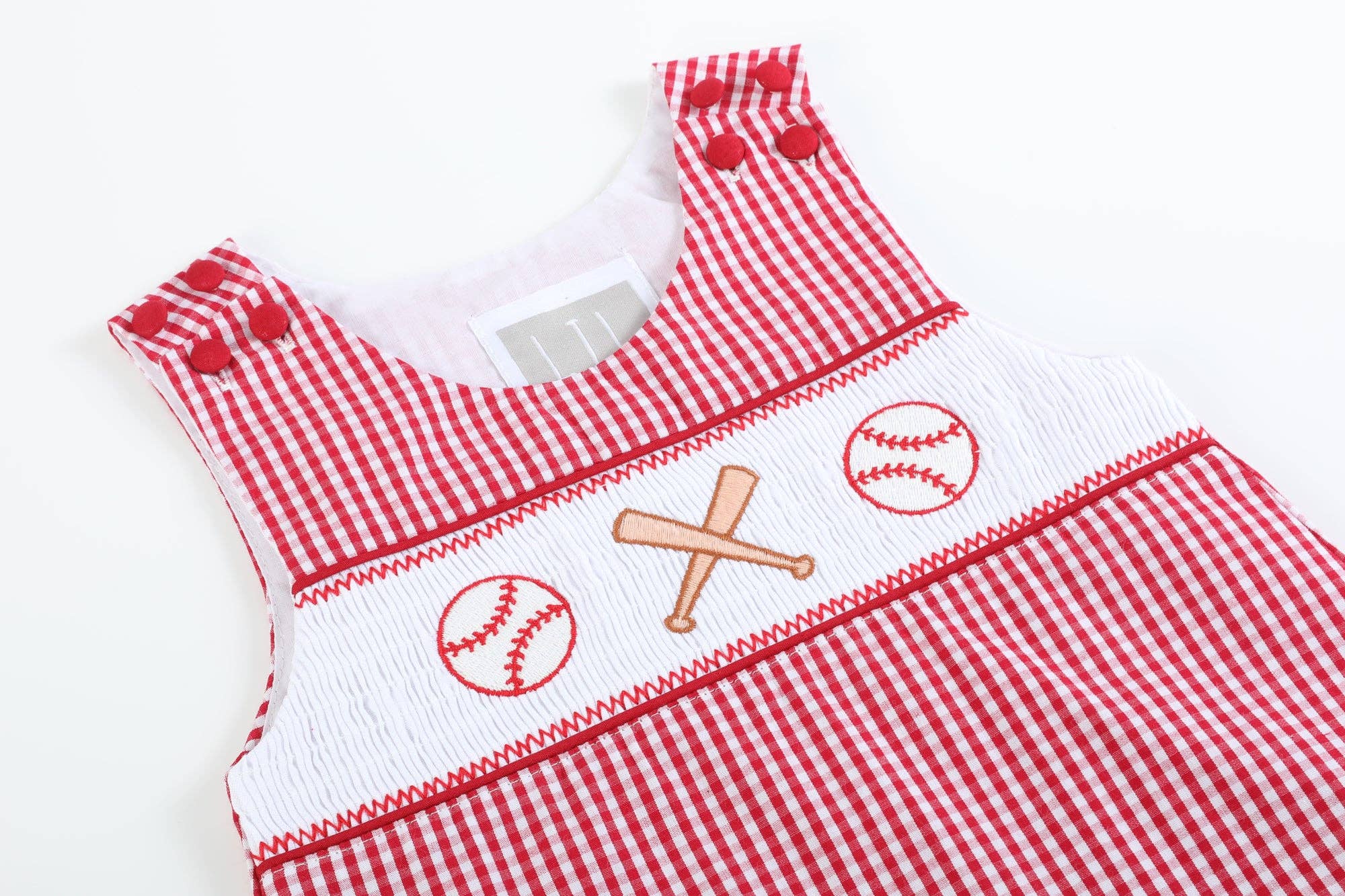 Red Gingham Baseball Smocked Shortalls - LuLLabY LaNe