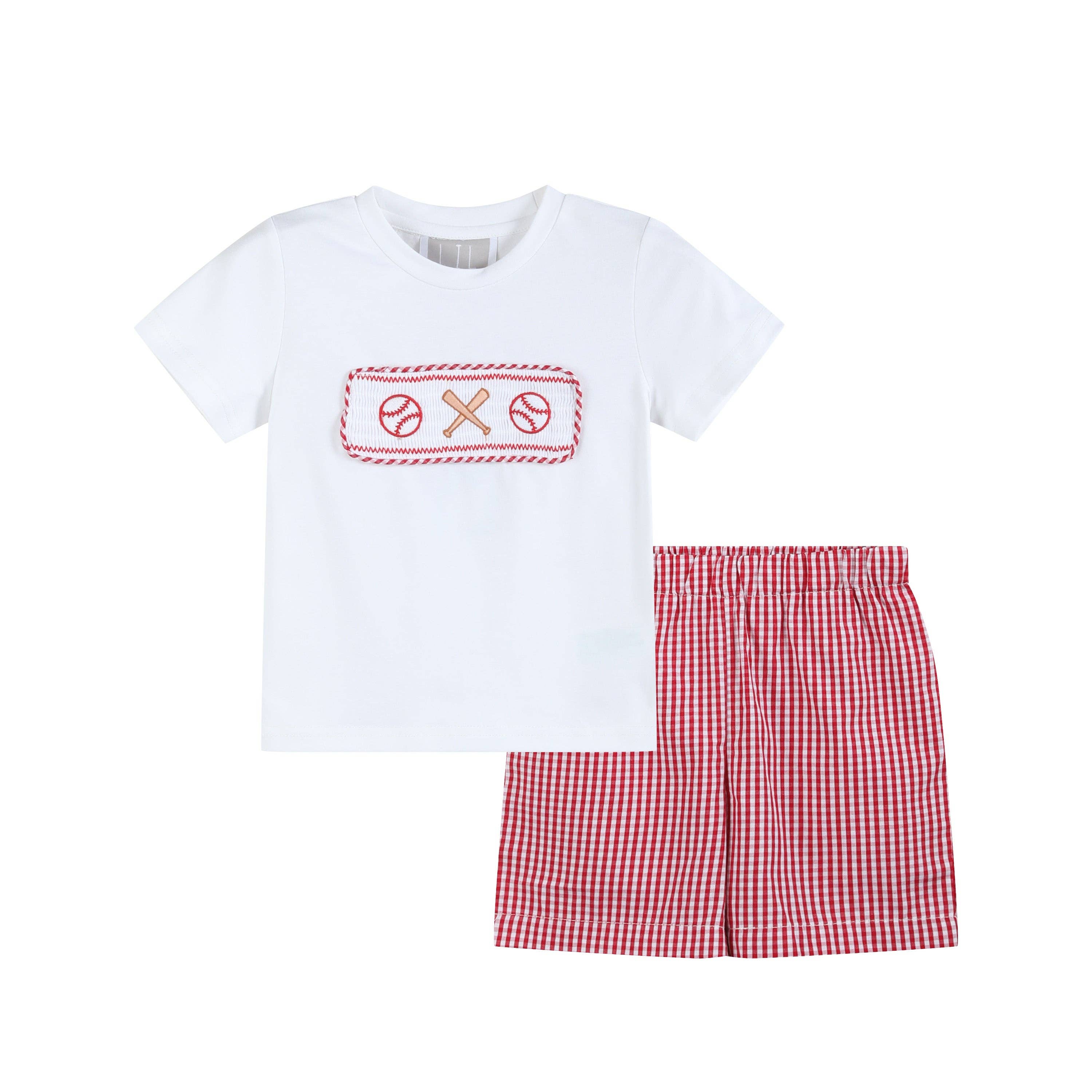 Baseball Smocked Shirt and Red Gingham Shorts Set - LuLLabY LaNe
