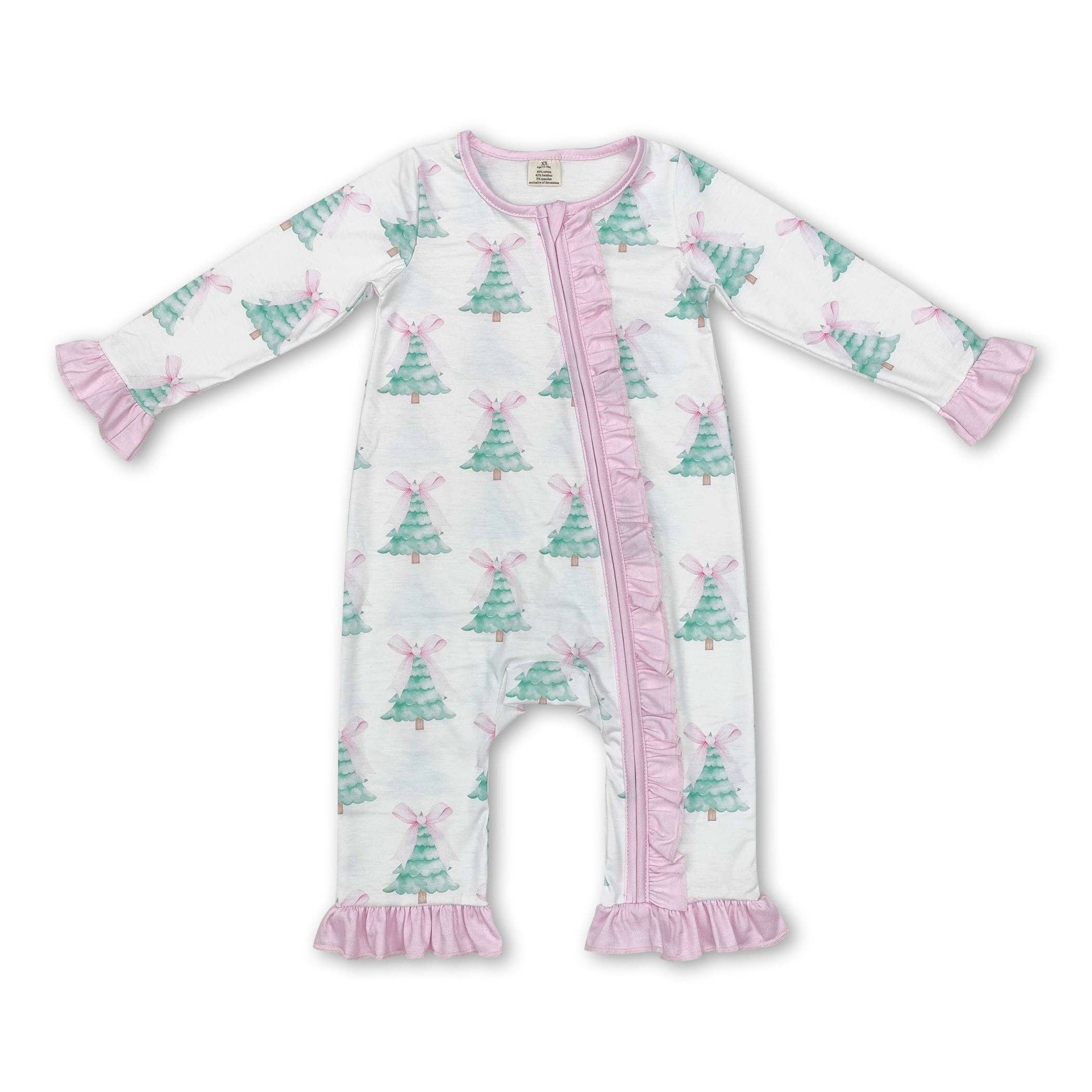 Pink bow Christmas tree baby girls bamboo zipper romper - LuLLabY LaNe