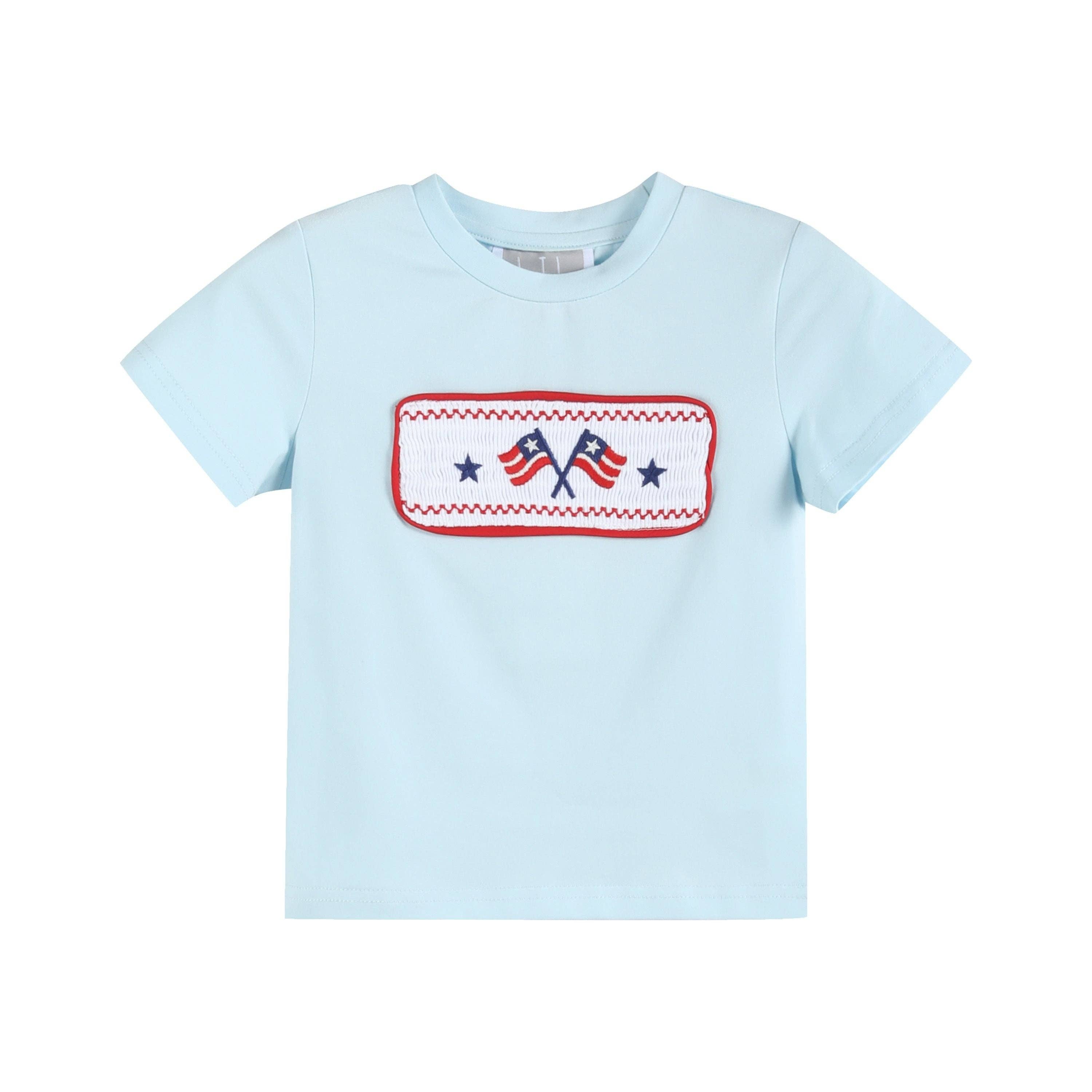 Light Blue USA Flag Smocked T-Shirt and Shorts Set