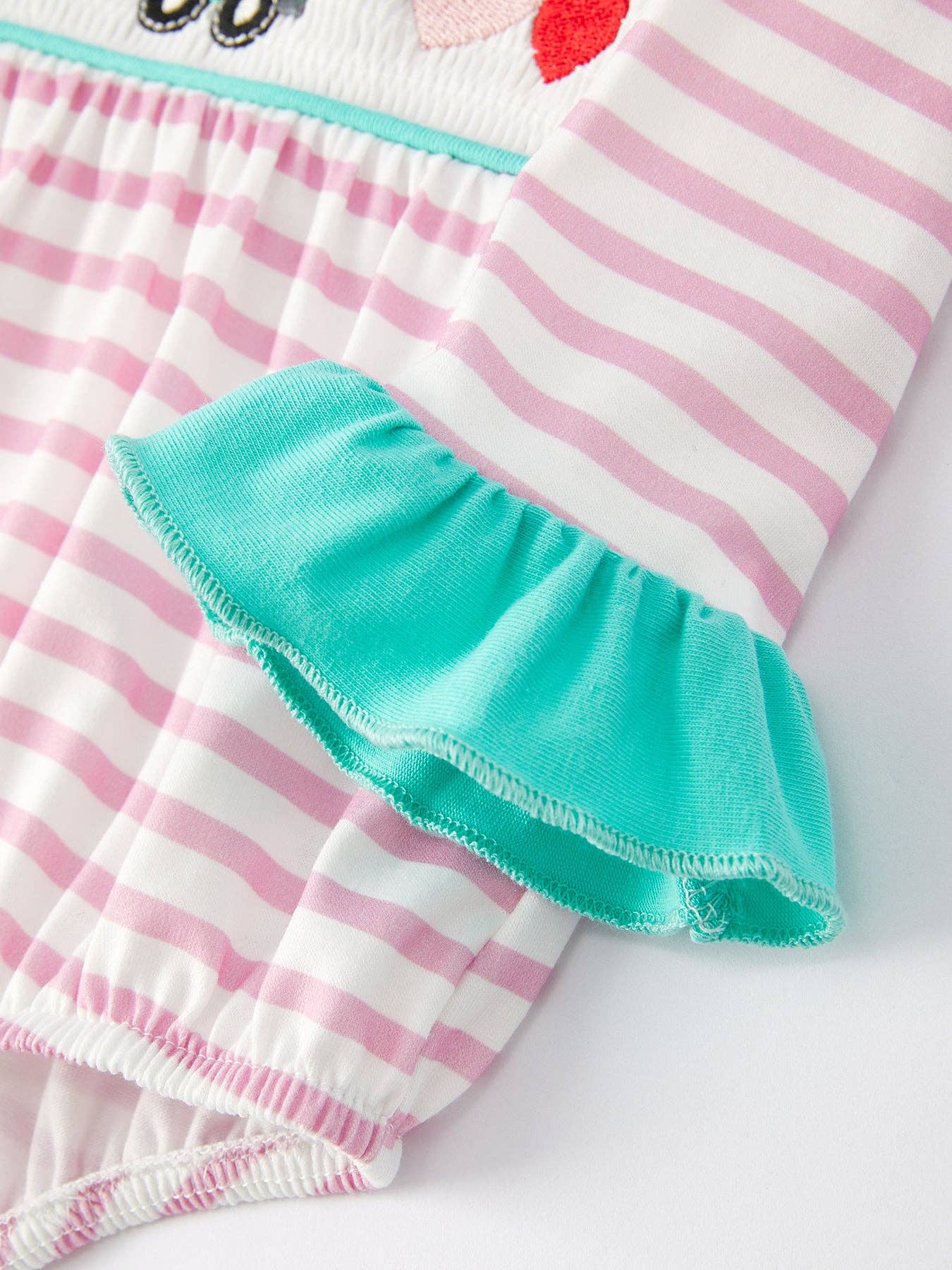 Valentine's Day Ruffle Stripe Smocking Embroidered Girls Romper - LuLLabY LaNe