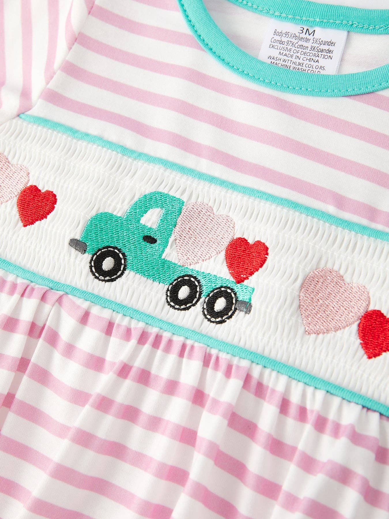 Valentine's Day Ruffle Stripe Smocking Embroidered Girls Romper - LuLLabY LaNe