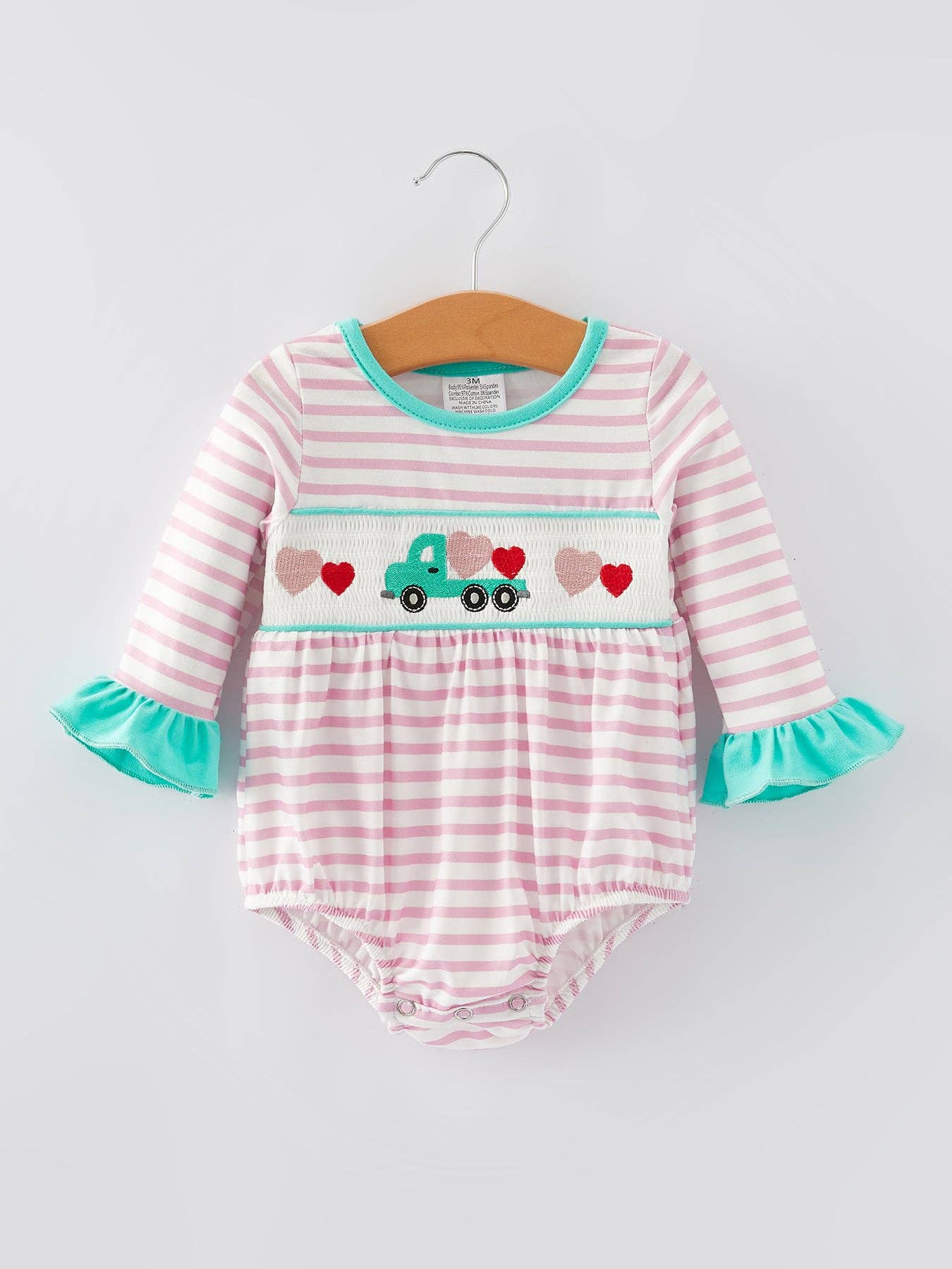 Valentine's Day Ruffle Stripe Smocking Embroidered Girls Romper - LuLLabY LaNe