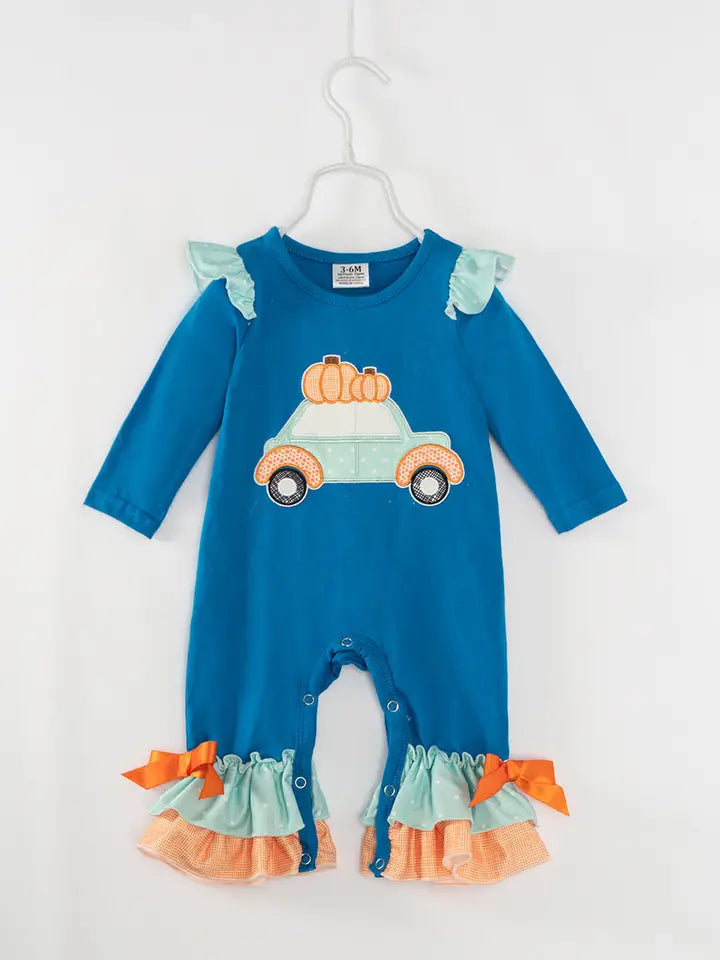 Blue Car Ruffle Baby Girl Romper.