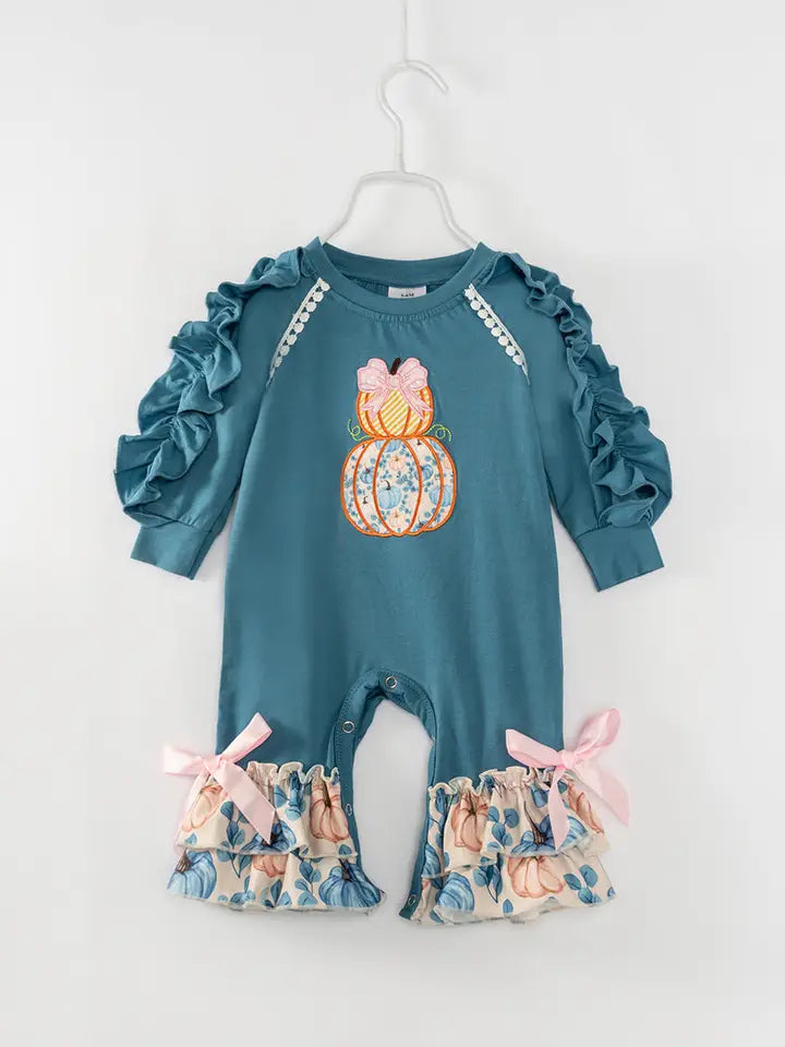 Blue Pumpkin Ruffle Baby Girl Romper.