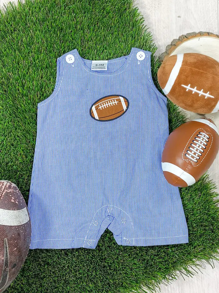 Royal Blue Classic Gingham Football Boy Romper.