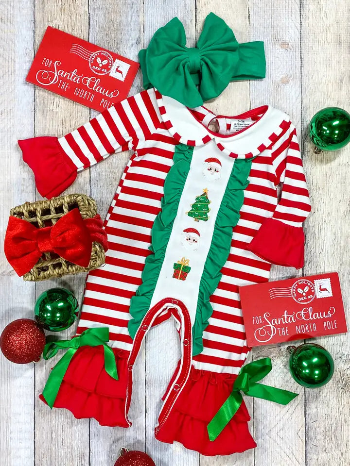 Red Striped Santa with Green Bows Infant Girl Romper.