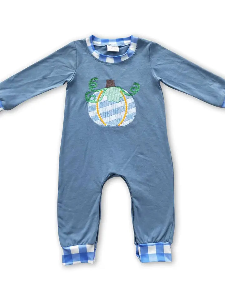 Plaid Pumpkin Long Sleeves Baby Boy Fall Romper.