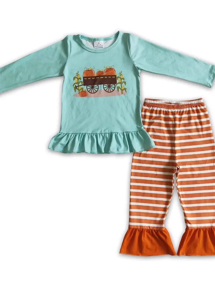 Pumpkin Corn Shirt Stripe Ruffle Pants Girls Fall Clothing.