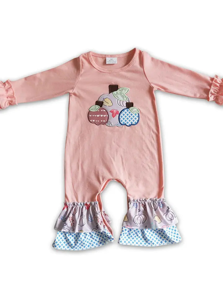 Pumpkin Embroidery Pink Baby Girls Fall Romper.