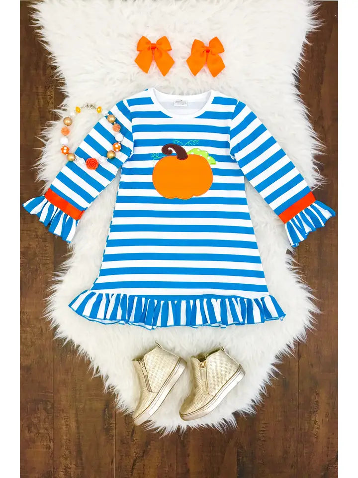 Girls Fall Halloween Pumpkin Stripes Dress.