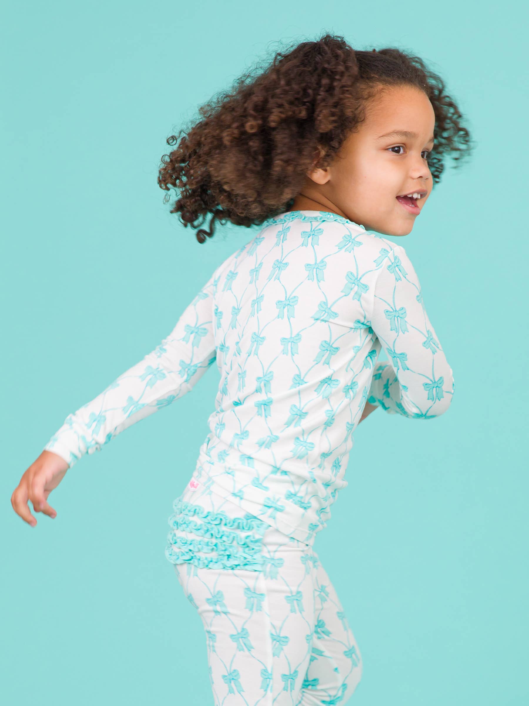 Girls Teal Bows Ruffle Long Sleeve Pajama Set