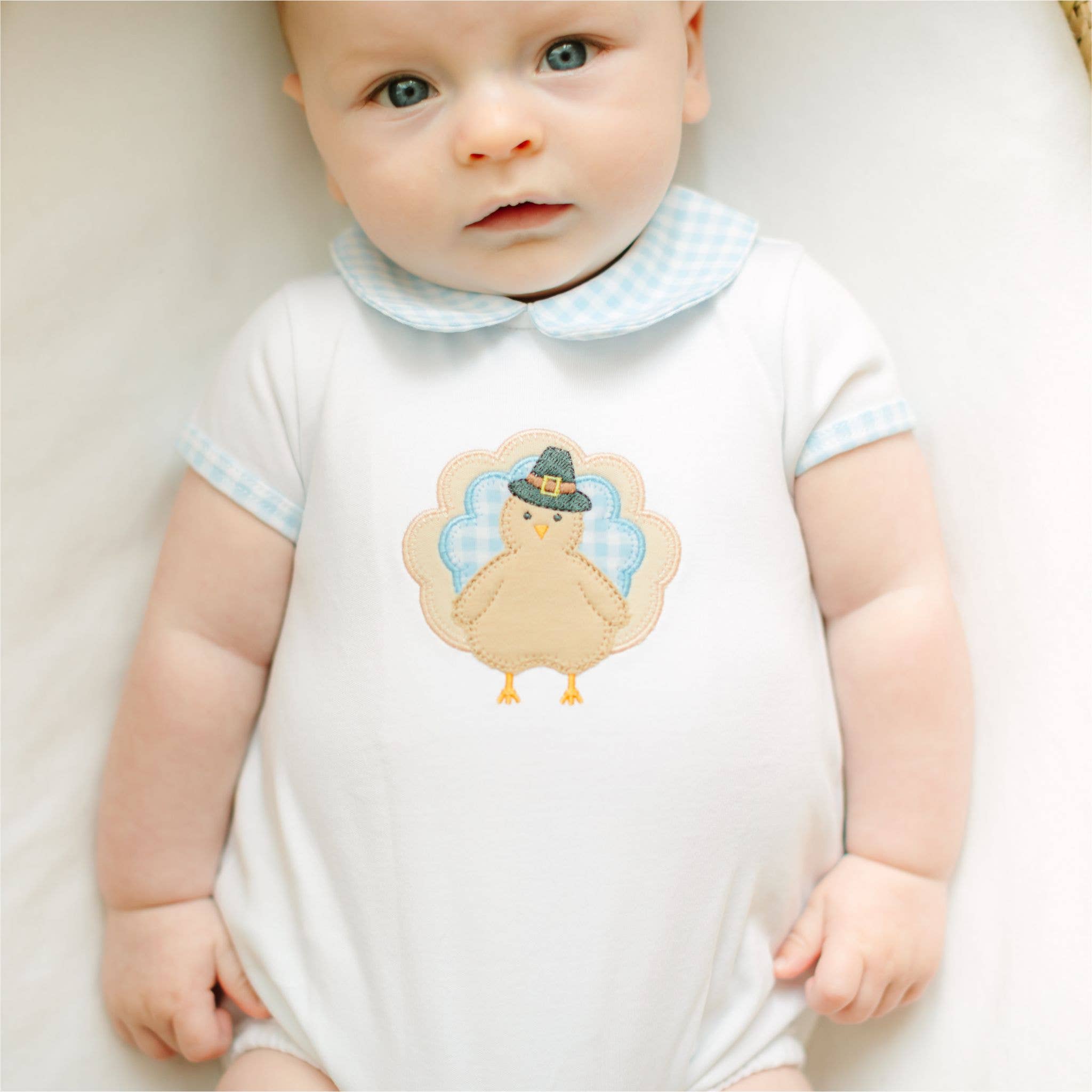 Pilgrim Pals Applique Collared Short Sleeve Bubble - Light Blue - LuLLabY LaNe