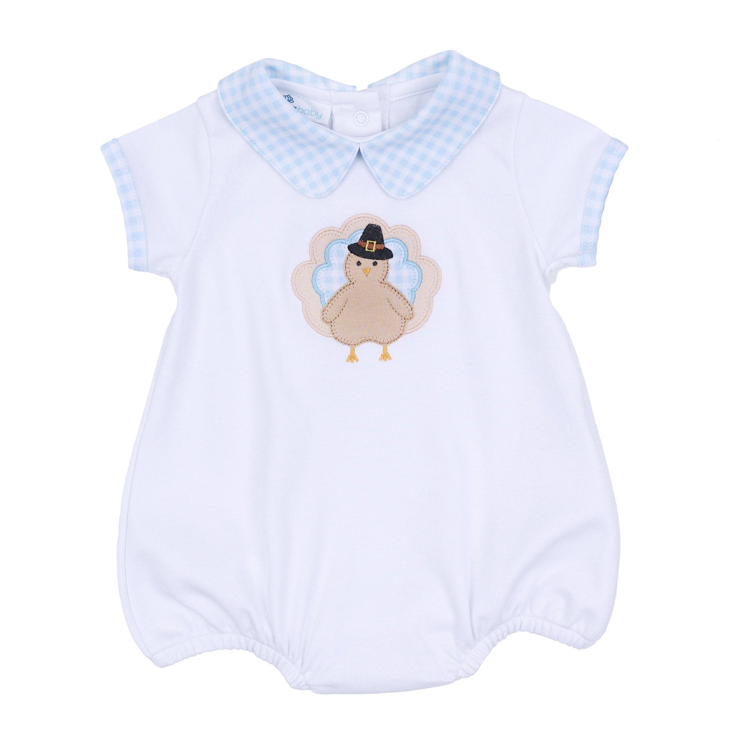 Pilgrim Pals Applique Collared Short Sleeve Bubble - Light Blue - LuLLabY LaNe