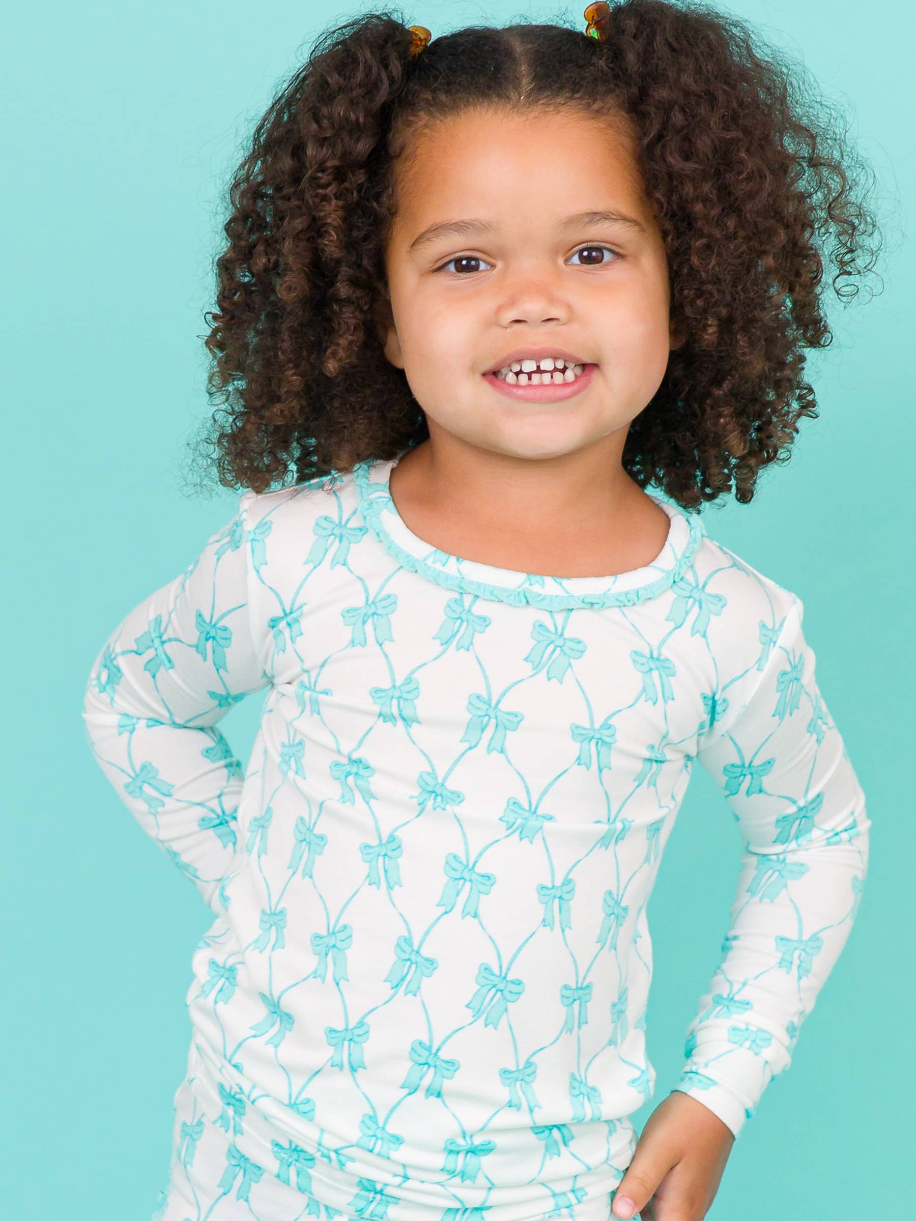 Girls Teal Bows Ruffle Long Sleeve Pajama Set