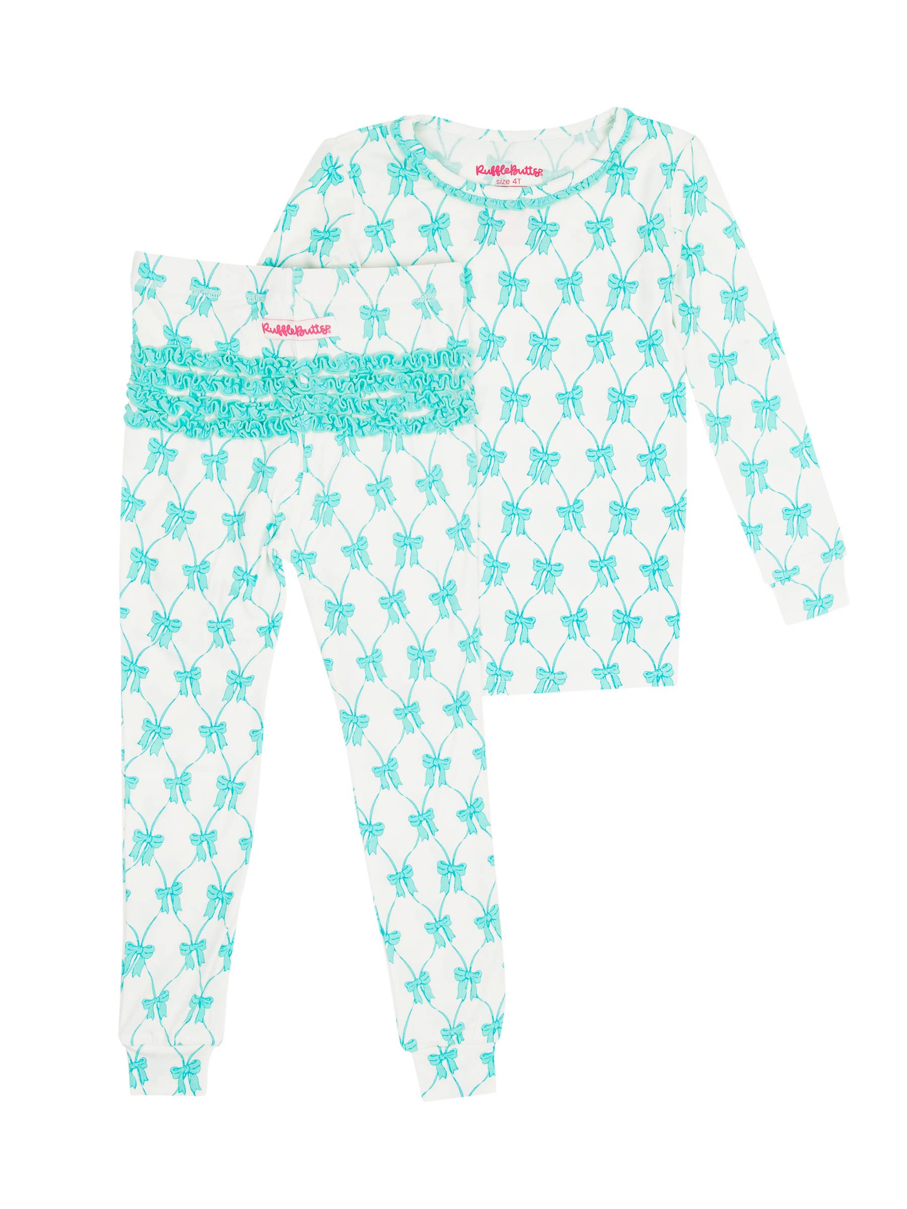 Girls Teal Bows Ruffle Long Sleeve Pajama Set