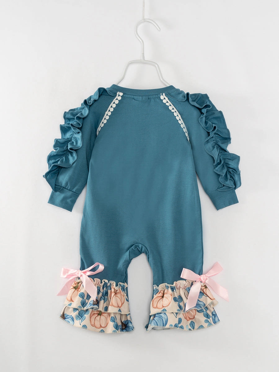 Blue Pumpkin Ruffle Baby Girl Romper.