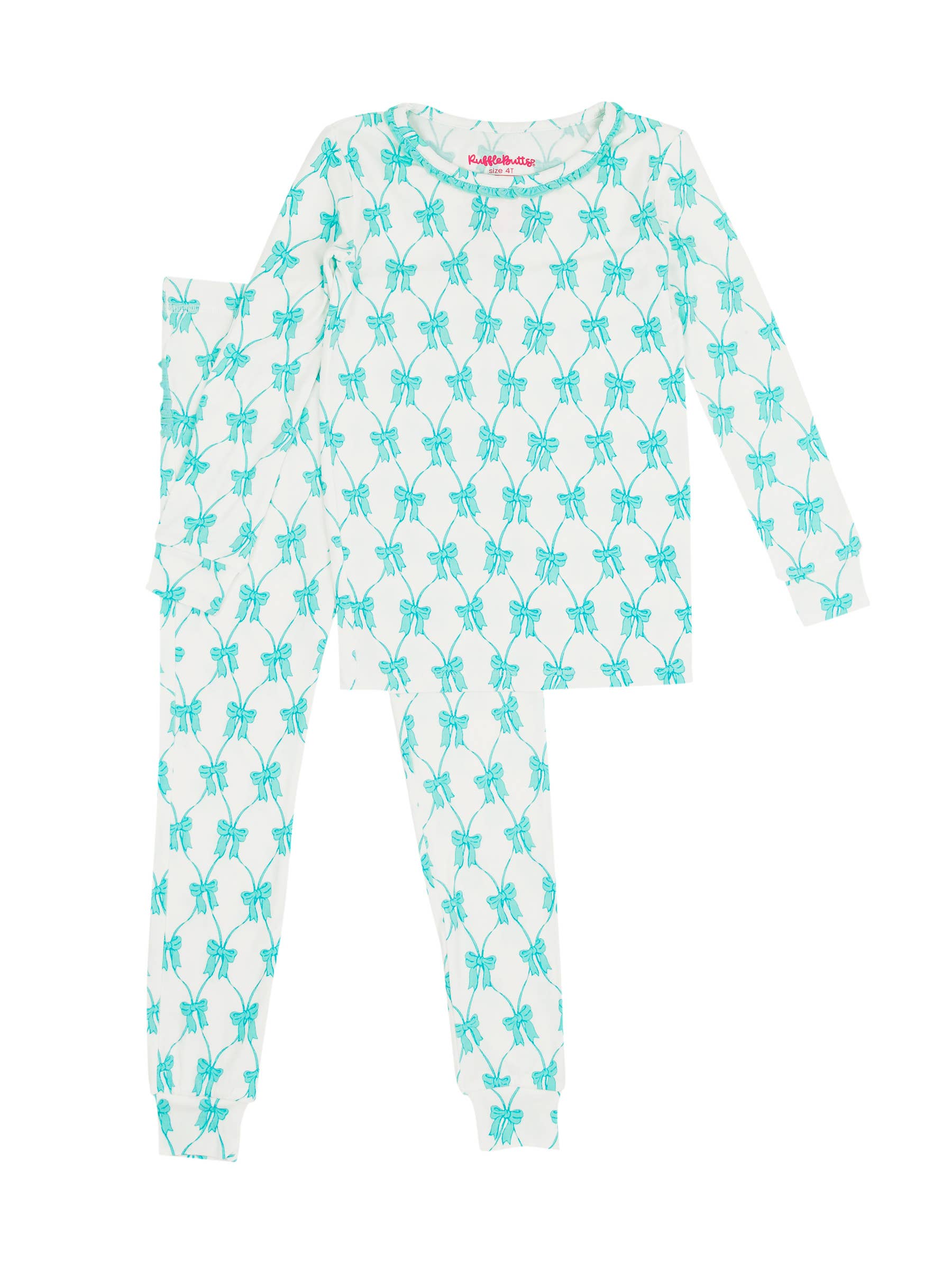 Girls Teal Bows Ruffle Long Sleeve Pajama Set