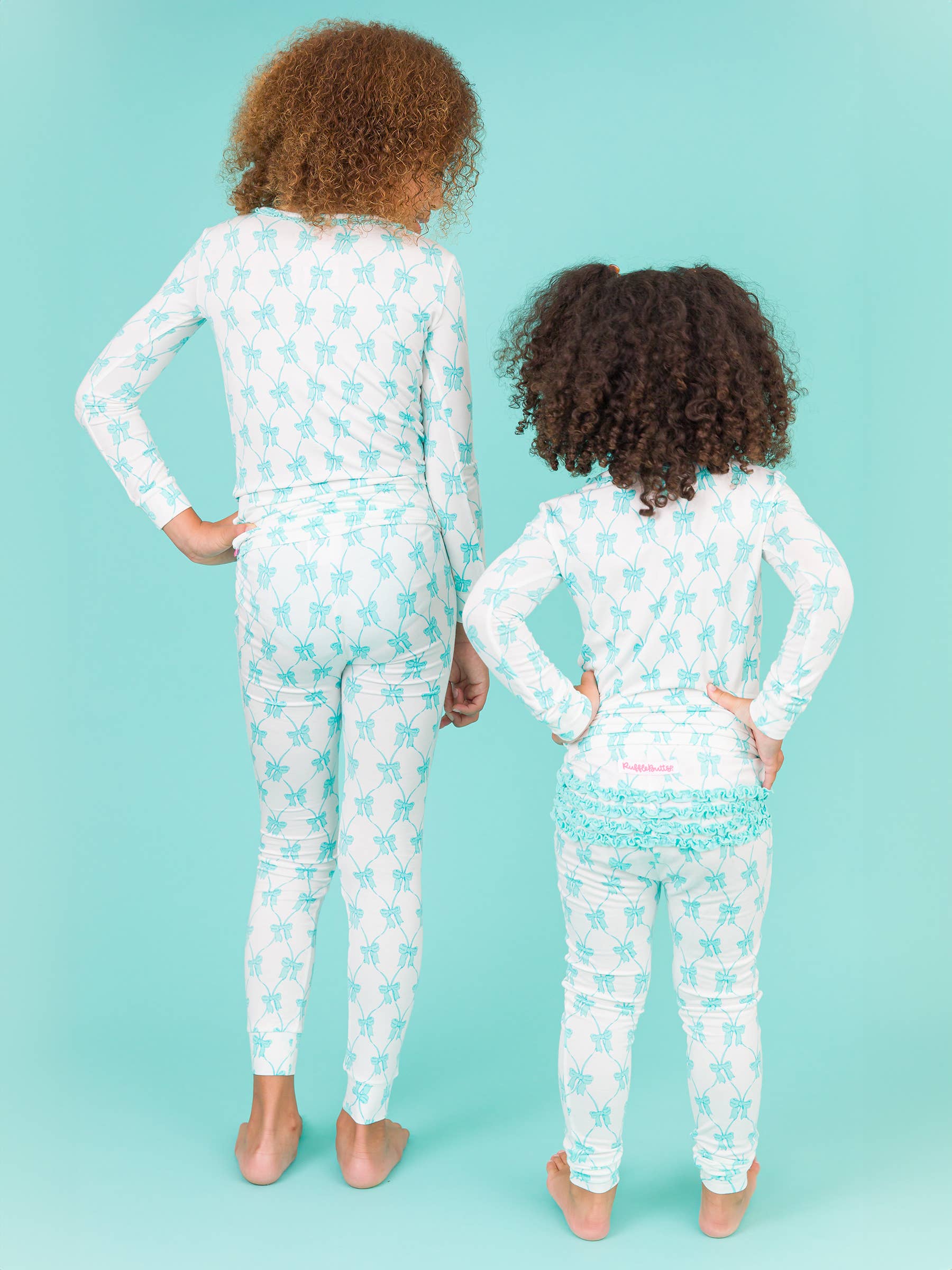 Girls Teal Bows Ruffle Long Sleeve Pajama Set