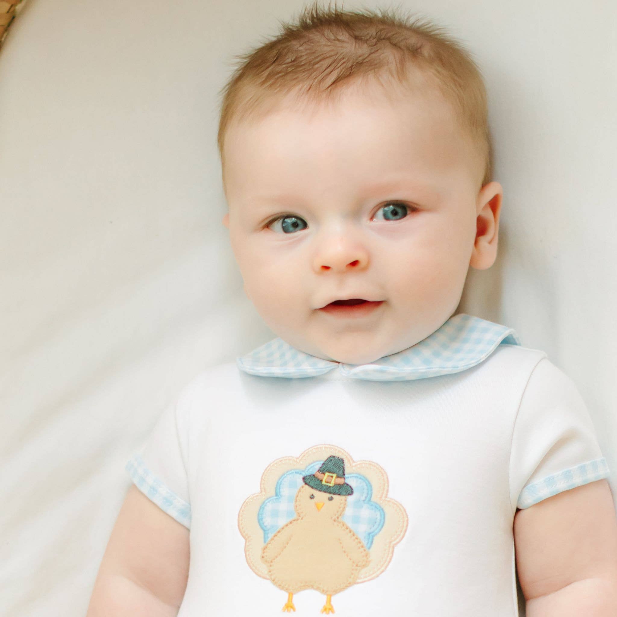 Pilgrim Pals Applique Collared Short Sleeve Bubble - Light Blue - LuLLabY LaNe
